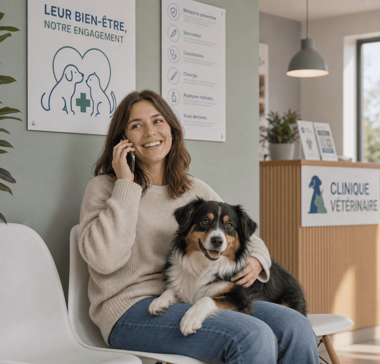 Une femme au téléphone avec son chien dans une clinique vétérinaire