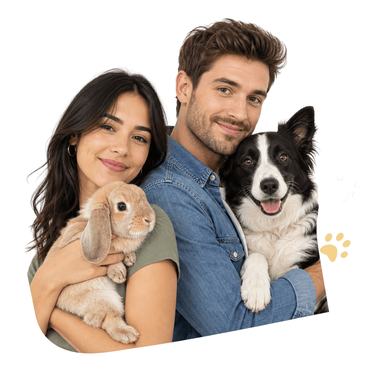 Un couple souriant tenant leur chien et leur lapin